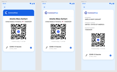 CommonPass digital vaccine records three smartphones with screenshots of digital COVID-19 vaccination records