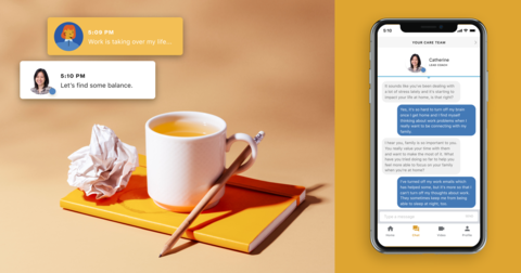 Ginger on-demand mental health care a coffee cup next to a pad of paper and pencil and a smartphone with a screen shot of the Ginger app