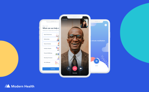 Modern Health app photo three smartphones with screen shots of Modern Health's mental health app