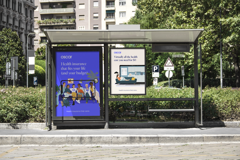 Oscar Health A bus stop displaying advertisements for Oscar Health