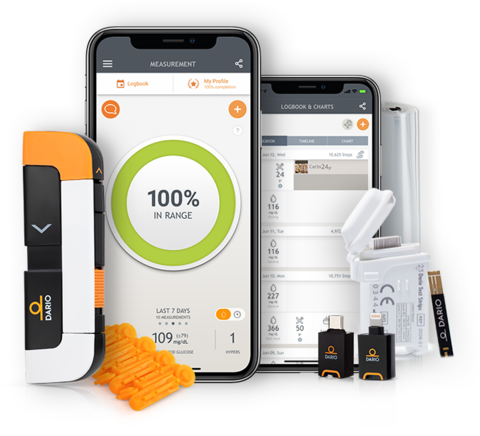 DarioHealth smartphones showing screenshots of DarioHealth's digital chronic condition management solution