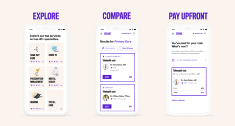 Sesame Care three smartphones with screenshots of Sesame's platform
