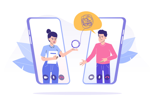 digital mental health app Online psychotherapy concept. Female psychotherapist helping patient by video call through smartphone.