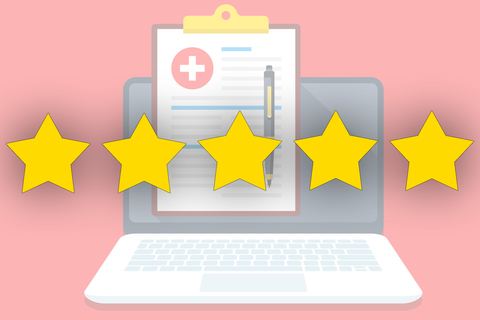 Medicare Star ratings A computer on a pink background with five gold stars in front of it.