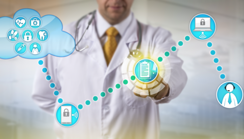 Healthcare cyber security A doctor with cyber security logos