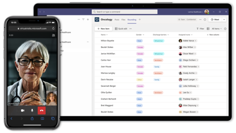 computer screen shows Microsoft Teams while smartphone screen shows virtual visit with doctor