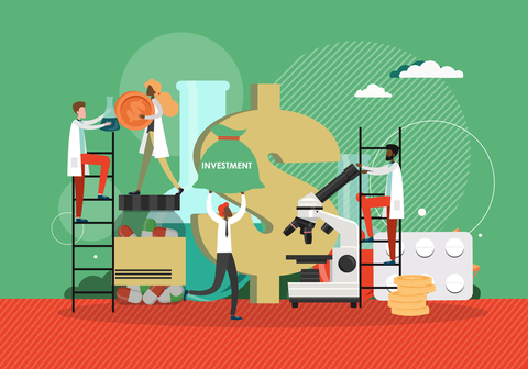 healthcare investment Pharmaceutical business concept vector illustrator. Scientists research new drug in lab. Investment in medical and pharma business.