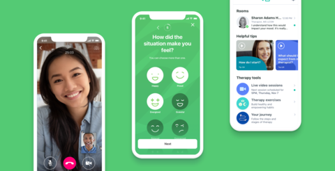 smartphones with screenshots of Talkspace mental health app