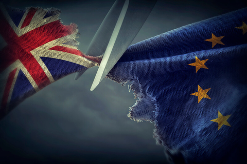 Brexit concept egal/iStock/Getty Images Plus/Getty Images British flag being cut by scissors from the European union flag