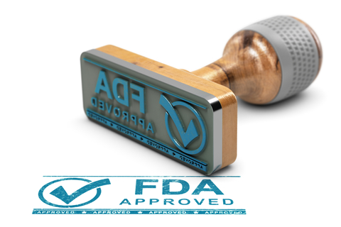 FDA approval Stamp with blue ink that says "FDA Approved"