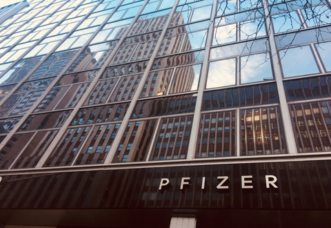 Pfizer HQ window shot Pfizer building