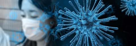 COVID-19 virus and researcher wearing protective mask