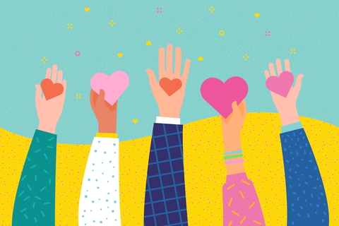 Charity Roundup hands holding hearts graphic design
