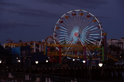 Santa Monica Pier ferris wheel lights teal for MG Awareness/Argenx Santa Monica Pier ferris wheel lights teal for MG Awareness/Argenx