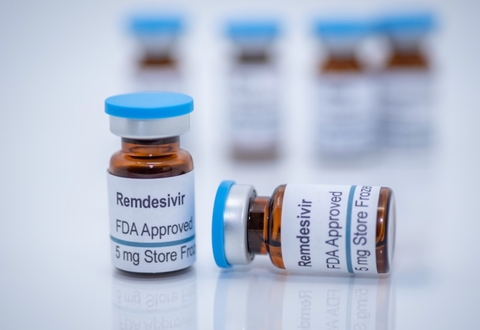 Gilead Sciences remdesivir COVID-19 drug vials of Gilead Sciences COVID-19 coronavirus drug remdesivir on white background
