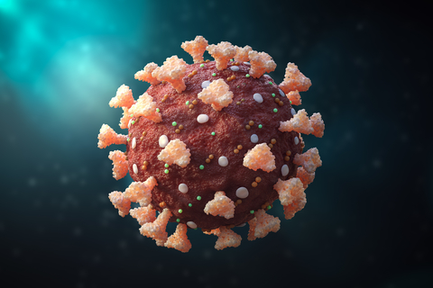 Close-up of a coronavirus or sars-cov-2 cell 3D rendering illustration. SARS-CoV-2