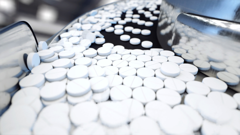 Process of production of pills, tablets. Industrial pharmaceutical concept. Factory equipment and machine. Steel. 3d rendering. Tablet production