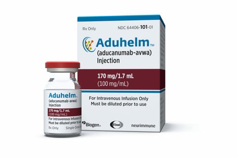 Bottle and box for Aduhelm, Biogen Alzheimer's medicine