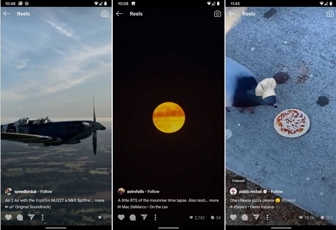 Sample clips from Instagram's Reels feature Three Instagram reels: a plane in flight, a moonrise, a bird eating pizza