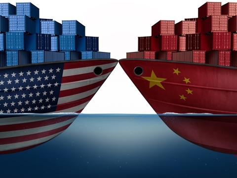 China vs. US trade war Two boats bearing Chinese, US flags