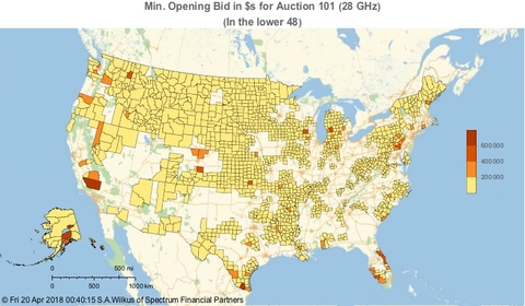 FCC 28 GHz spectrum auction map ( Stephen Wilkus / Spectrum Financial Partners) FCC 28 GHz spectrum auction map ( Stephen Wilkus / Spectrum Financial Partners)