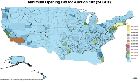 FCC 24 GHz spectrum auction map ( Stephen Wilkus / Spectrum Financial Partners) FCC 24 GHz spectrum auction map ( Stephen Wilkus / Spectrum Financial Partners)