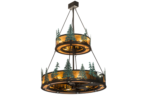 Tall Pines two-tier chandelier The chandelier has handpainted green pine tree silhouettes that are complemented with metal hardware in black.
