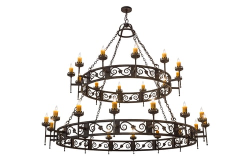 Majella chandelier The chandelier has elaborate scroll accents with floral medallions and decorative bobeches, which embrace 28 amber faux candlelights.