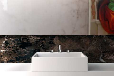 Sublime sink Named Sublime, the sink has a geometric basin in either countertop of vanity mounts.