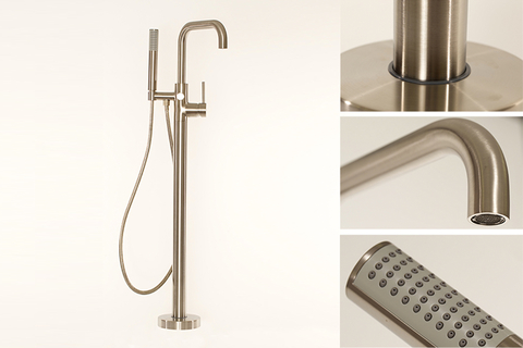 East Square collection Reaching 36 ½” spout height from the floor, the East Square tub filler comes complete with an integrated hand shower.