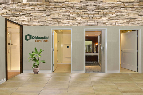 Oldcastle SurePods modular bathrooms Replacing traditional bathroom construction, the pods are fabricated off-site in a controlled factory setting to exact project standards.