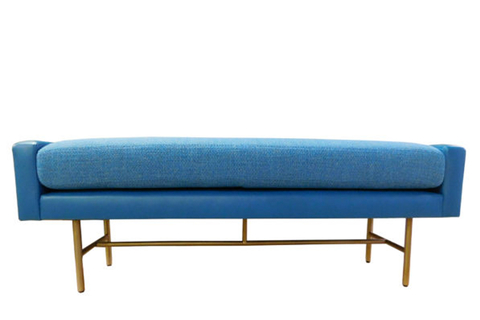 Product #8634 Product #8634 is a custom, upholstered bench with semi-attached seat cushion available in Caribbean blue.