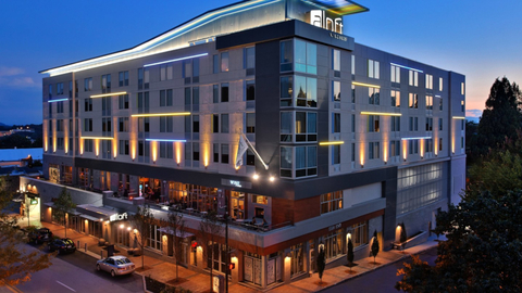 Aloft Asheville Downtown The hotel's exterior in the evening