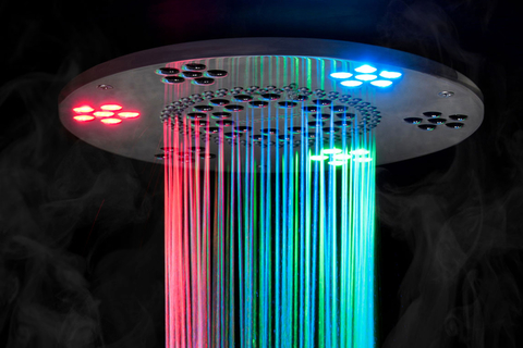 ThermaSol digital shower The Serenity light, sound and rainhead delivers mood lighting with chromatherapy, as well as sound therapy, and a gentle falling water sensation.