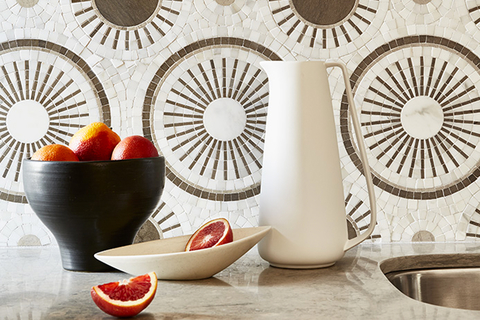 Tangent collection Tangent offers 15 different mosaic patterns in marble of varying colors, veining and brightness.