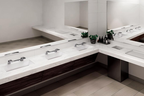 WashBar with undermount basins WashBar is comprised of a single piece of chrome-plated metal that combines soap, water and dryer. LED lighting on the fixture helps to visually orient the user through the hand washing process.