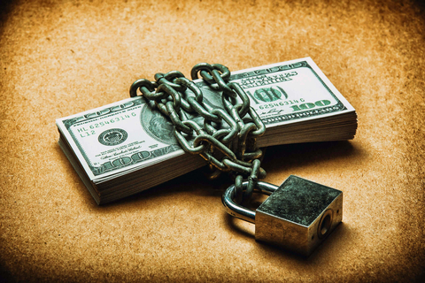 Stack of money protected by a lock and chain Lock and chain securing stack of cash