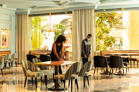 MGM Restaurant Six Feet Distance Measuring six feet with measuring tape