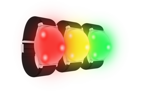 light up wristbands in green, yellow, and red.