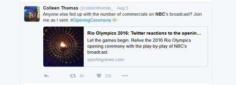 Anyone else fed up with the number of commercials on NBC39s broadcast Join me as I vent OpeningCeremony httpwwwsportingnewscomathleticsnewsrioolympics2016openingceremonynbctvcommercialstwitterd46ltrhhujz01bykqtxl5tn9e