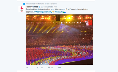 Team Canada Verified account rlmTeamCanada 11m11 minutes ago Breathtaking display of colour and light marking Brazil39s vast diversity in this segment OpeningCeremony Rio2016