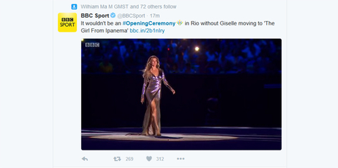 BBC Sport Verified account rlmBBCSport 20m20 minutes ago It wouldn39t be an OpeningCeremony in Rio without Giselle moving to 39The Girl From Ipanema39 httpbbcin2b1nIry
