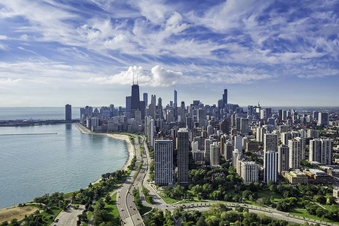 Chicago Getty Chicago Skyline aerial view with road by the beach