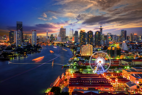 Bangkok, Thailand // Photo by thitivong/iStock/Getty Images Plus/Getty Images Bangkok, Thailand skyline at night