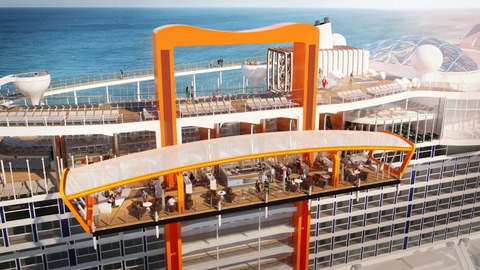 Celebrity Edge Magic Carpet Rendering Editorial A rendering of Celebrity Edge's new Magic Carpet area, which moves up and down the side of the ship.