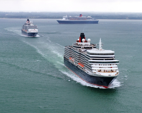 Cunard's Fleet Cunard Lines Aerial view of the three flagship Cunard Lines