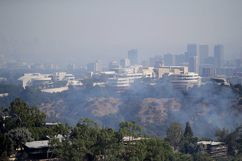 Getty Fire Tuesday AP Newscred Editorial Travel Group Only The Getty Center is covered in smoke as the Getty fire burns