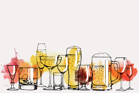 Water color image of spirits, beer, wine and cocktails Spirits, beer, wine and cocktail water color