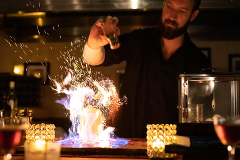 Bartender playing with fire at The Butchershop inside the Irvine Marriott