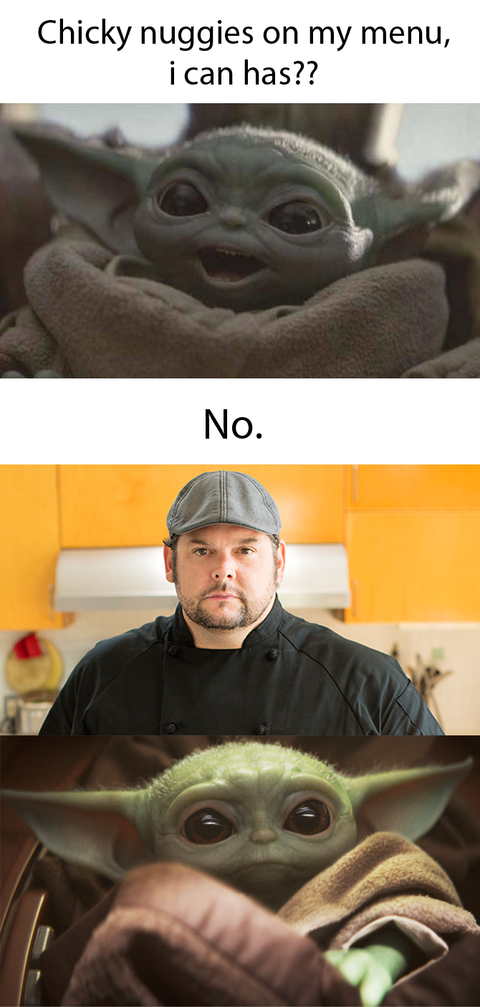 Baby Yoda asking Chef Brian Duffy about chicken nuggets